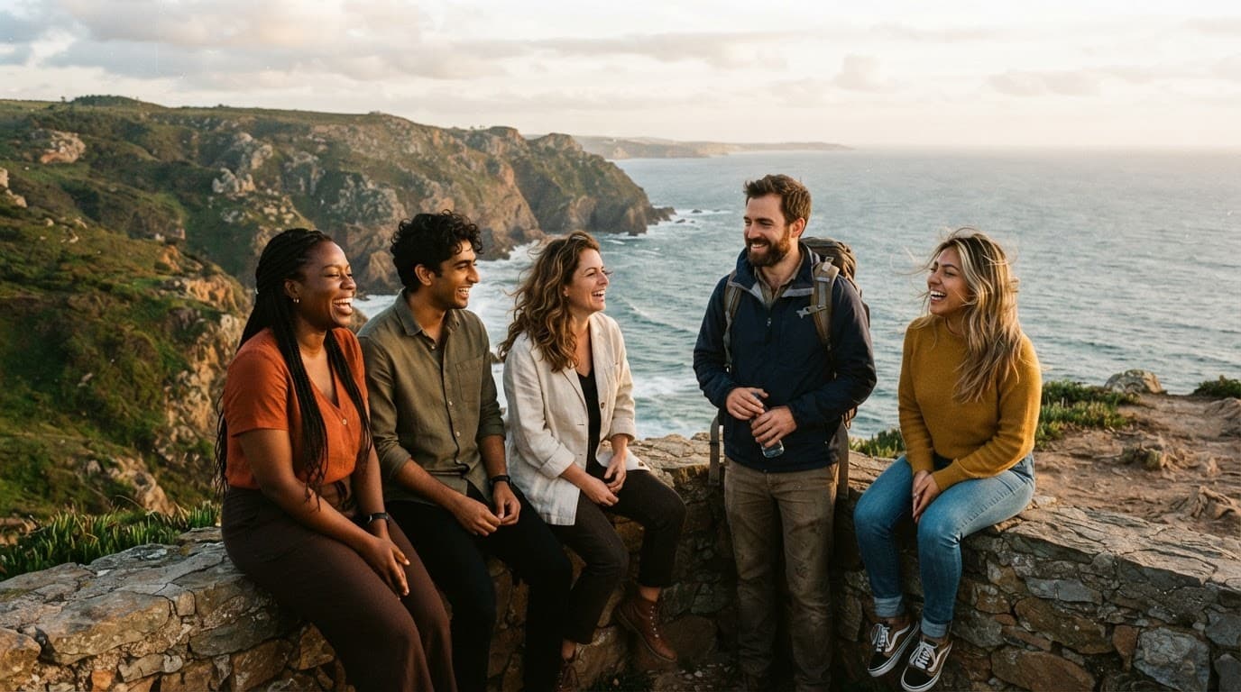 Five friends laughing together on a wall above a rocky coastline