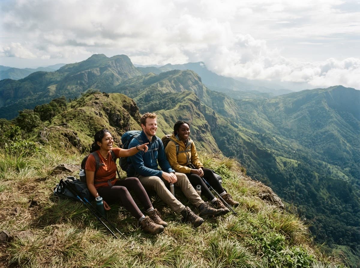 Hikers resting on a green ridge above a valley