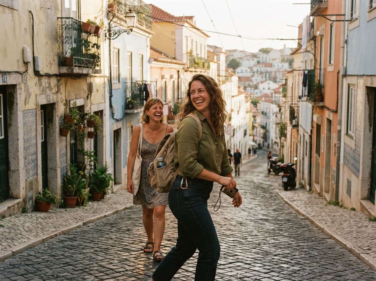Two friends laughing on a steep cobbled street
