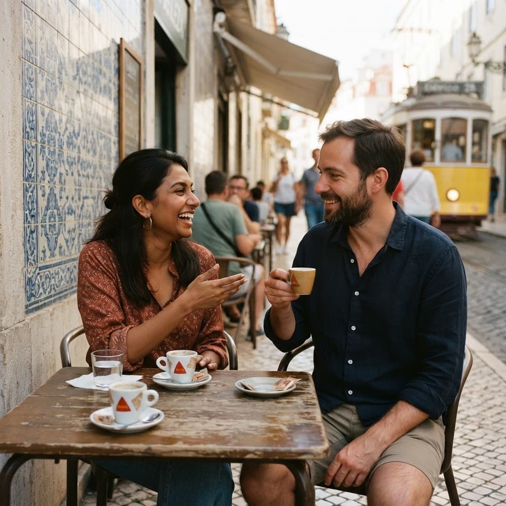 Two travellers talking over coffee at a street café