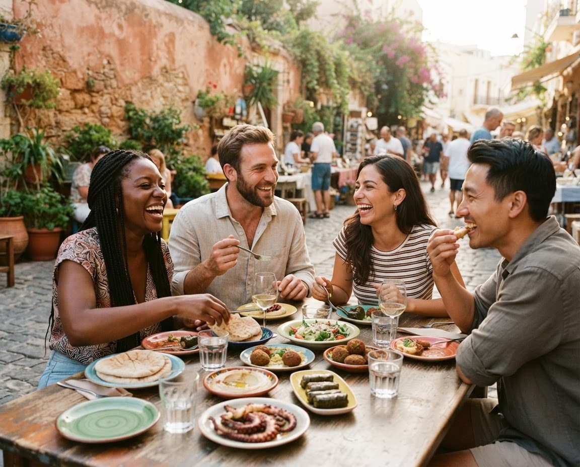 Friends sharing a meal at an outdoor table