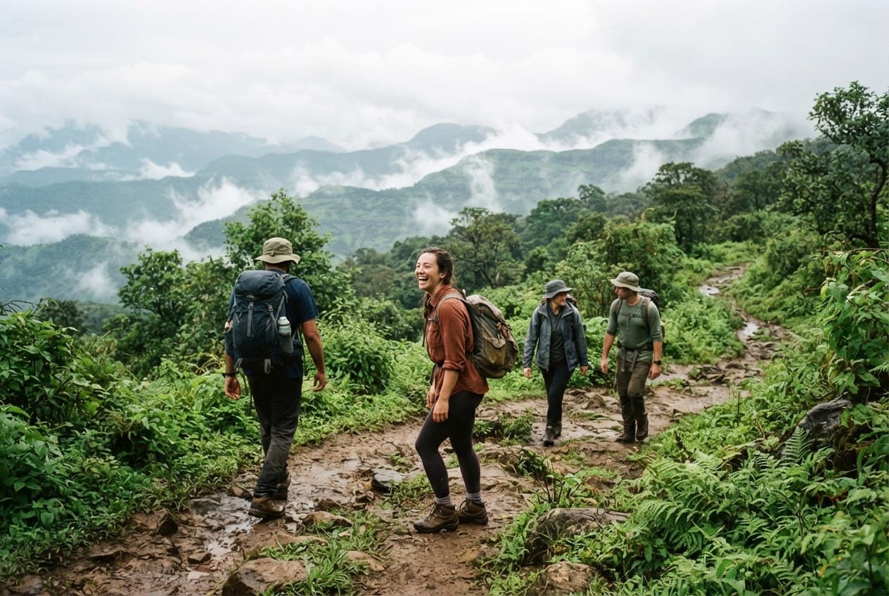 A small group walking a hillside trail together