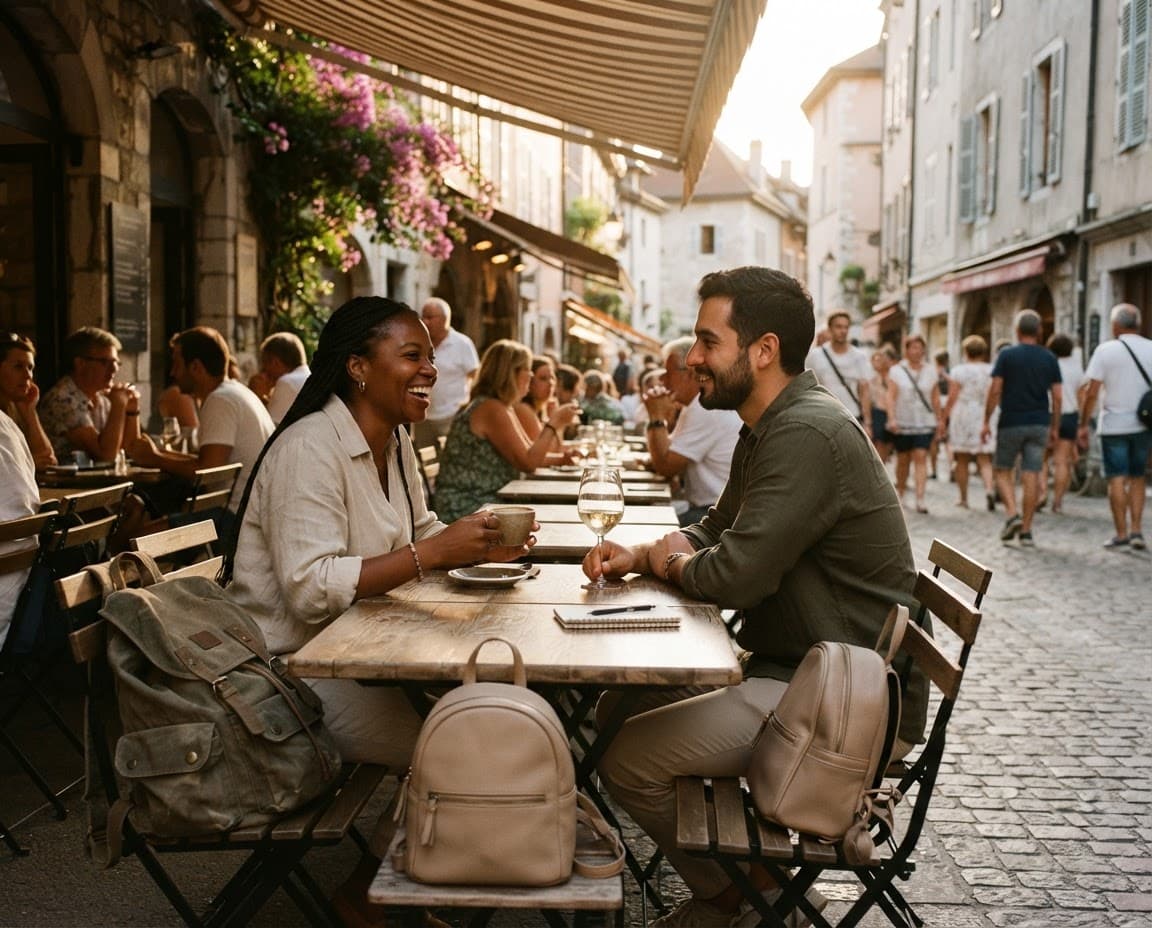 People working and talking at a long café table
