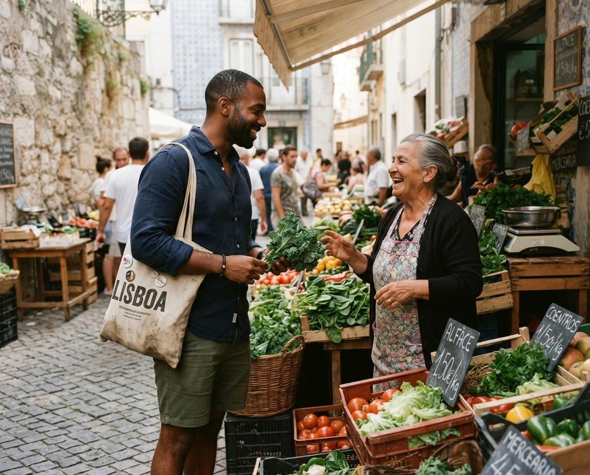 A traveller chatting with a stallholder at a market