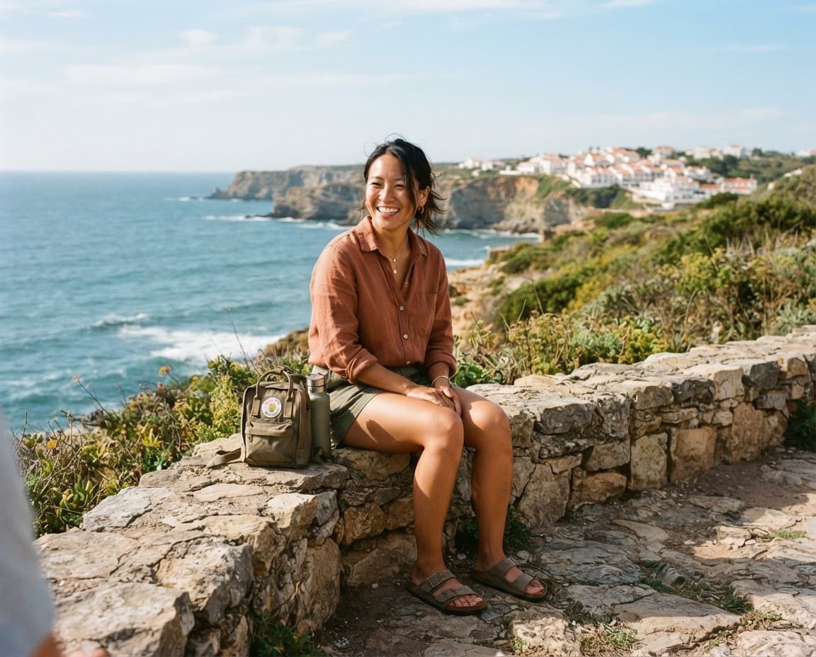 A traveller sitting on a wall above the sea